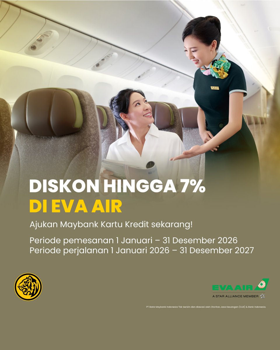 Mau liburan ke luar negeri bersama keluarga?
Beli tiket penerbangan dengan EVA Air untuk wujudkan liburan ke Amerika Utara/Asia/Eropa/Australia, dapatkan diskon hingga 7% menggunakan Maybank Kartu Kredit.
Periode pemesanan 1 Januari – 31 Desember 2026
Periode perjalanan 1 Januari