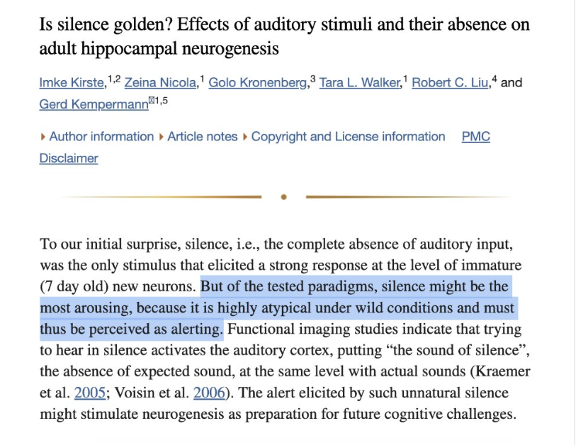 AlpacaAurelius's tweet image. Sitting in silence grows new brain cells

In this study, silence almost DOUBLED the amount of new neurons in the hippocampus.

Spend time in silence daily, doing absolutely nothing