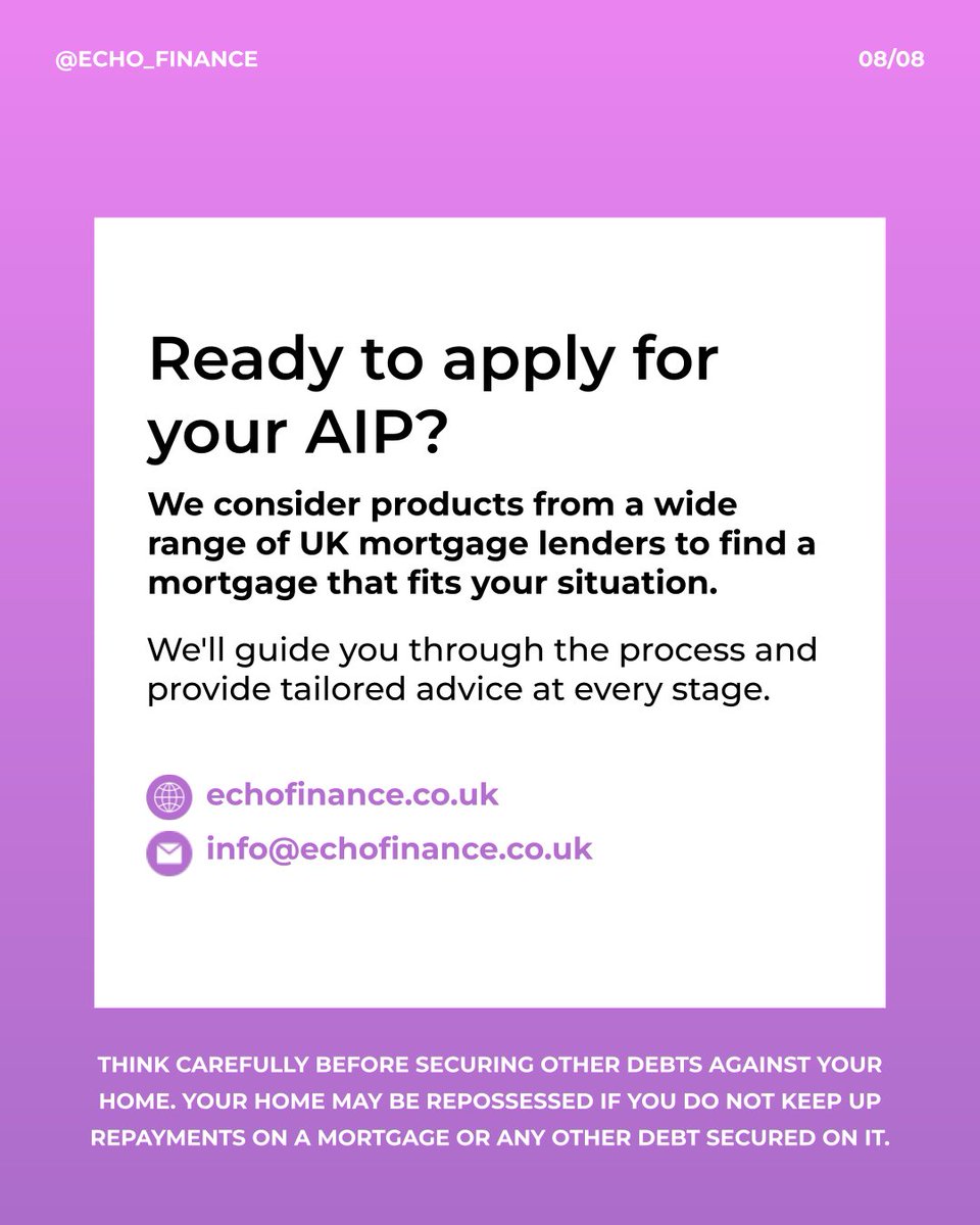 House hunting? An Agreement in Principle (AIP) can show sellers you’re serious, give a realistic budget and kick off the entire process. More info: echofinance.co.uk | 08000 934 914. Your home may be repossessed if you don’t keep up repayments. FCA authorised.