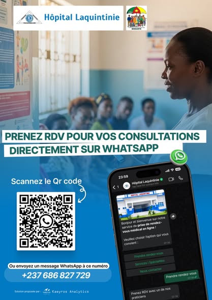 TeleAsuOfficiel's tweet image. DIGITALISATION - L'hôpital @LaquintinieCMR
annonce la prise de RDV à distance via le chatbot WhatsApp dès le 1er février prochain.

📌 Une procédure déjà disponible pour les consultations VIP depuis ce 20 janvier 2026.   

wa.me/+237686827729?…

#echostech #digitalisation