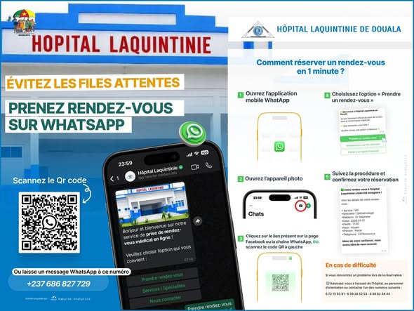 TeleAsuOfficiel's tweet image. DIGITALISATION - L'hôpital @LaquintinieCMR
annonce la prise de RDV à distance via le chatbot WhatsApp dès le 1er février prochain.

📌 Une procédure déjà disponible pour les consultations VIP depuis ce 20 janvier 2026.   

wa.me/+237686827729?…

#echostech #digitalisation