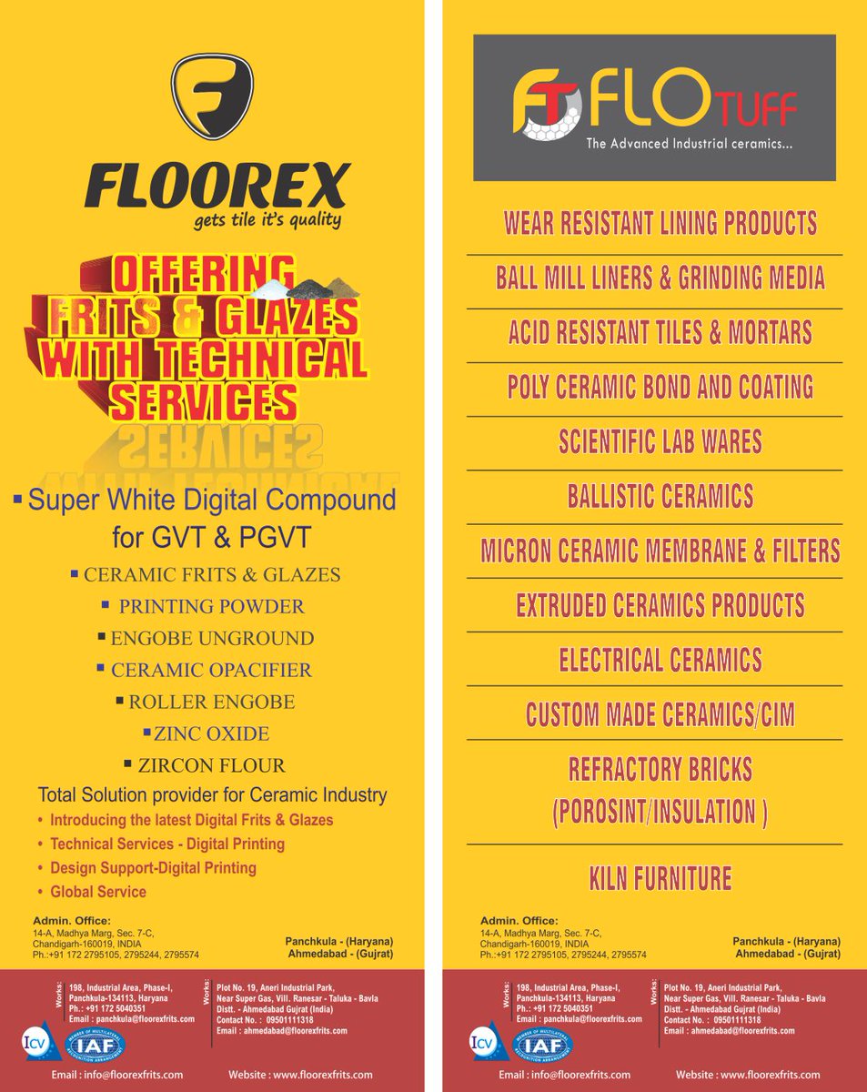 Floorex Tiles, Ceramic Raw Material, Ceramic India
ceramicindia.com/company-detail…
#ceramic #raw #materials #machinery #spareparts #chemical #roller #grinding #chinaclay #digitalink #color #frit #zincoxide #refractory #feldspar #sodapotash #tiles #sanitarywares #india #morbi #gujarat
