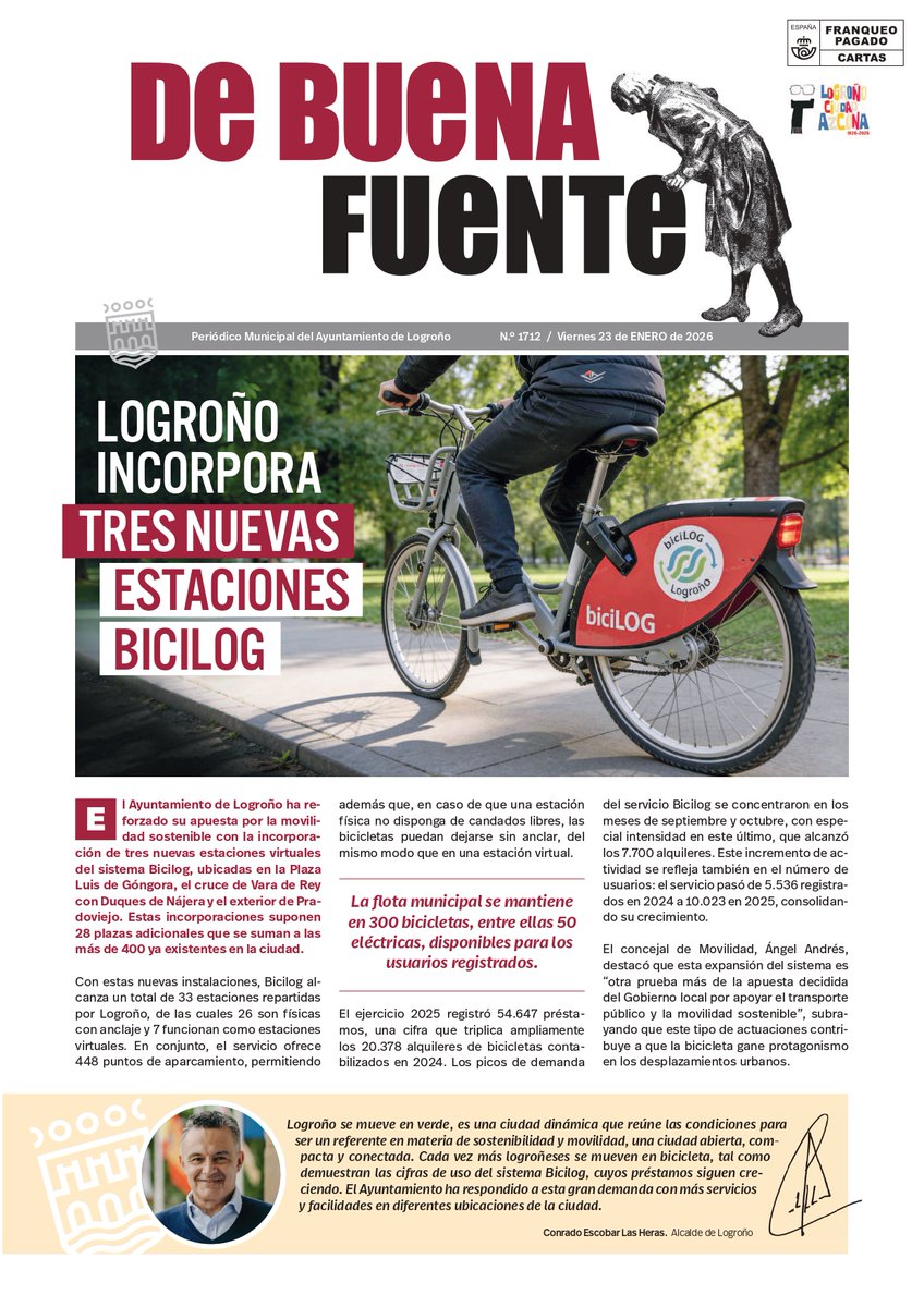 AytoLogrono's tweet photo. 🗞️📰| Las nuevas estaciones del servicio de préstamo de bicicletas #BiciLog y los avances del Plan Municipal de Vivienda, entre los temas de esta semana en el periódico #DeBuenaFuente.
👉 Puedes descargarlo aquí en su versión digital: https://t.co/2p1eZVfbnq https://t.co/qxEexJf40g