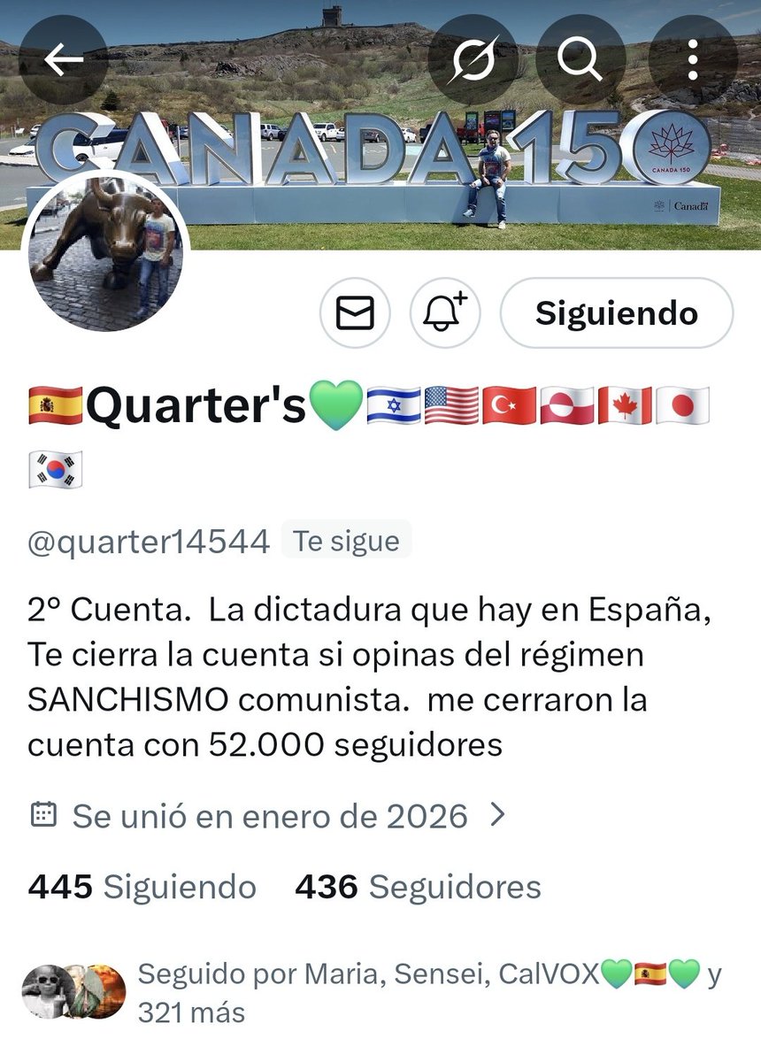 A toda mi gente de bien. 
A nuestro amigo Quarter's el pajarraco le ha tumbado la cuenta.
Os ruego volváis a seguirle en 👉 
<a href="/quarter14544/">🇪🇸Quarter's💚🇮🇱🇺🇸🇹🇷🇬🇱🇨🇦🇯🇵🇰🇷</a>.
Uno cae, nosotros lo levantamos. 
Vamos!!!💪💚🇪🇦