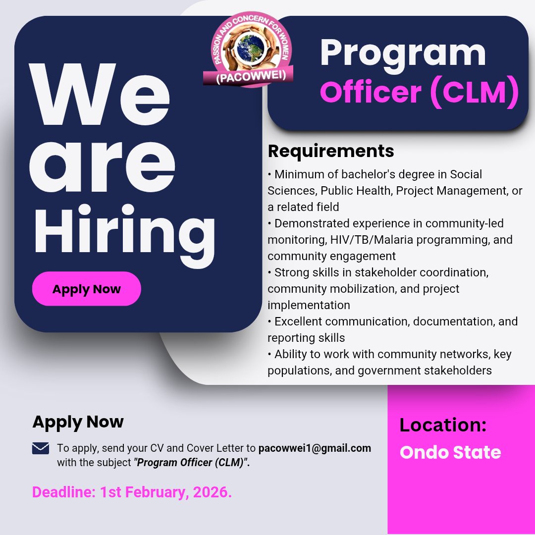 Pacowwei1's tweet photo. WE ARE HIRING!!!
Job opportunity for eligible persons in Ondo state.

Role: Program Officer (CLM)

Spread the word.

Deadline: 1st February, 2026.

#pacowwei #jobadvert #ondostate #programofficer #naijajobs https://t.co/M6O9rzSbkP