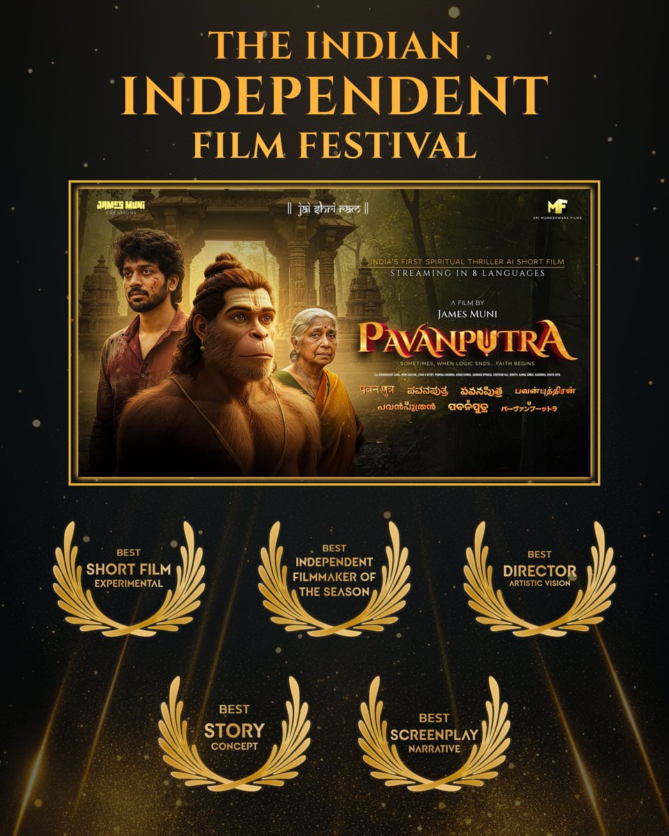 ActorJamesMuni's tweet image. 🔥 TWO FILMS. ONE VISION. TOTAL DOMINATION. 🔥

At The Indian Independent Film Festival 2026 —
#Pavanputra roared with faith.
#BettingDuniya with reality.
And together we CONQUERED 🏆

Best Short Film, Best Director, Best Story, Best Screenplay &amp;amp; multiple awards. 

#jamesmuni