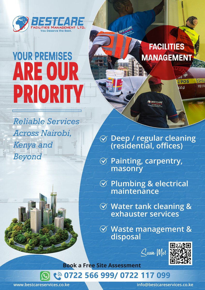 BestcareKe's tweet image. Why call five different companies when you only need one? 
Bestcare is your one-stop shop for cleaning, repairs, plumbing, waste management, and more,making your premises our top priority.

Reliable Services Across Nairobi &amp;amp; Kenya. Book  now! 📞 0722 566 999 / 0722 117 099