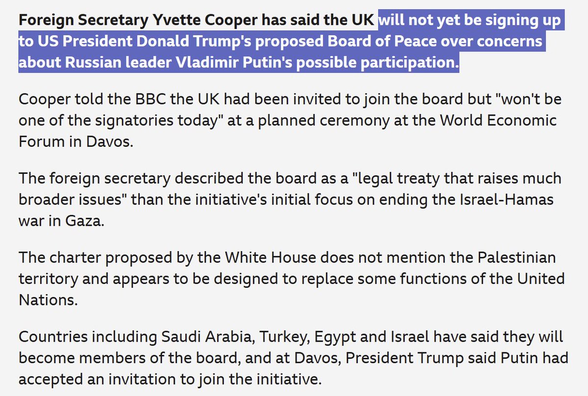 declassifiedUK's tweet image. UK foreign secretary Yvette Cooper says Britain will not yet be signing up to Trump's Board of Peace over concerns about Vladimir Putin's "possible involvement".

Cooper is apparently unconcerned about the participation of Benjamin Netanyahu, who is also wanted by the ICC.