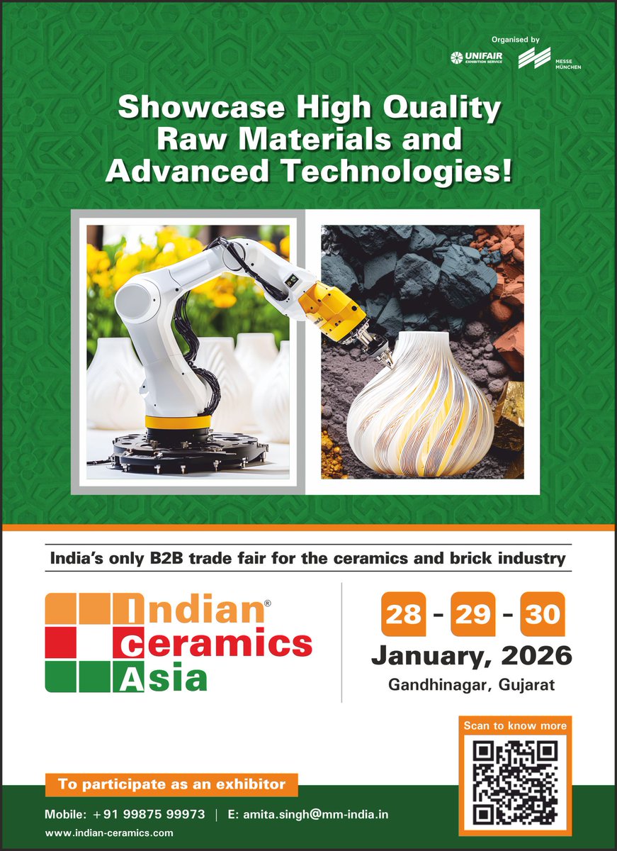 INDIAN CERAMICS ASIA 2026, Ceramic India
ceramicindia.com/company-detail…
#ceramic #exhibition #international #expo #world #raw #materials #building #construction #bricks #industry #machinery #technology #show #b2b #trade #fair #suppliers #tiles #sanitarywares #india #morbi #gujarat