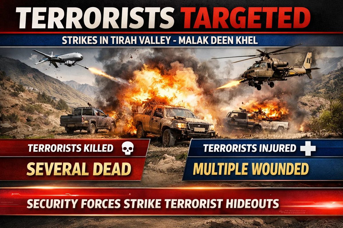 janajani787's tweet photo. Security forces struck terrorist vehicles during an operation in Tirah Valley’s Malak Deen Khel area.
Initial reports indicates the attack killed and injured multiple terrorists. #SupportGaza https://t.co/iPz09JBnhA