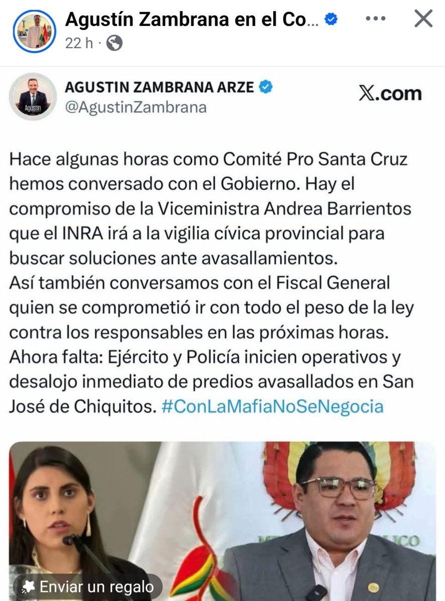 Ojalá realmente la Viceministra, el Inra la Fiscalía y todas las organizaciones q nombras hagan un buen trabajo y realmente caiga todo el peso de la ley sobre los AVASALLADORES en San José de Chiquitos, esto se viene dando desde el 2019 por órdenes de Camacho, y el comité cívico.