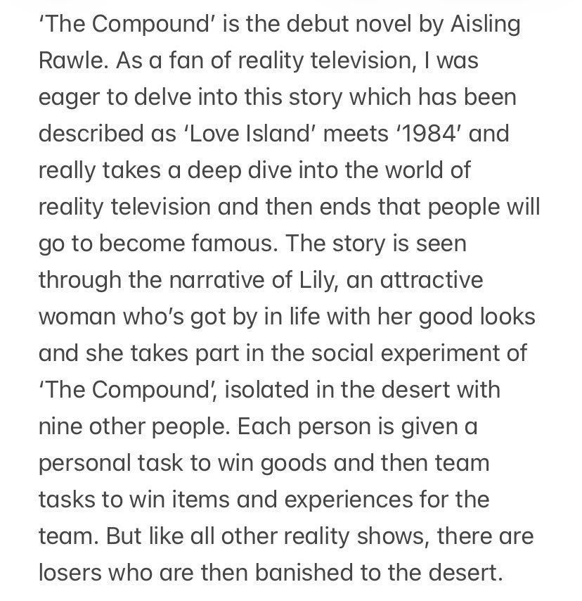 handwritten's tweet image. ‘The Compound’ is the debut novel by @BoroughPress author @AislingRawle and is a cleverly written story with a protagonist that is both likeable and dislikable in equal measures. An addictive debut that was impossible to put down. #BookReview #TheCompound #AislingRawle