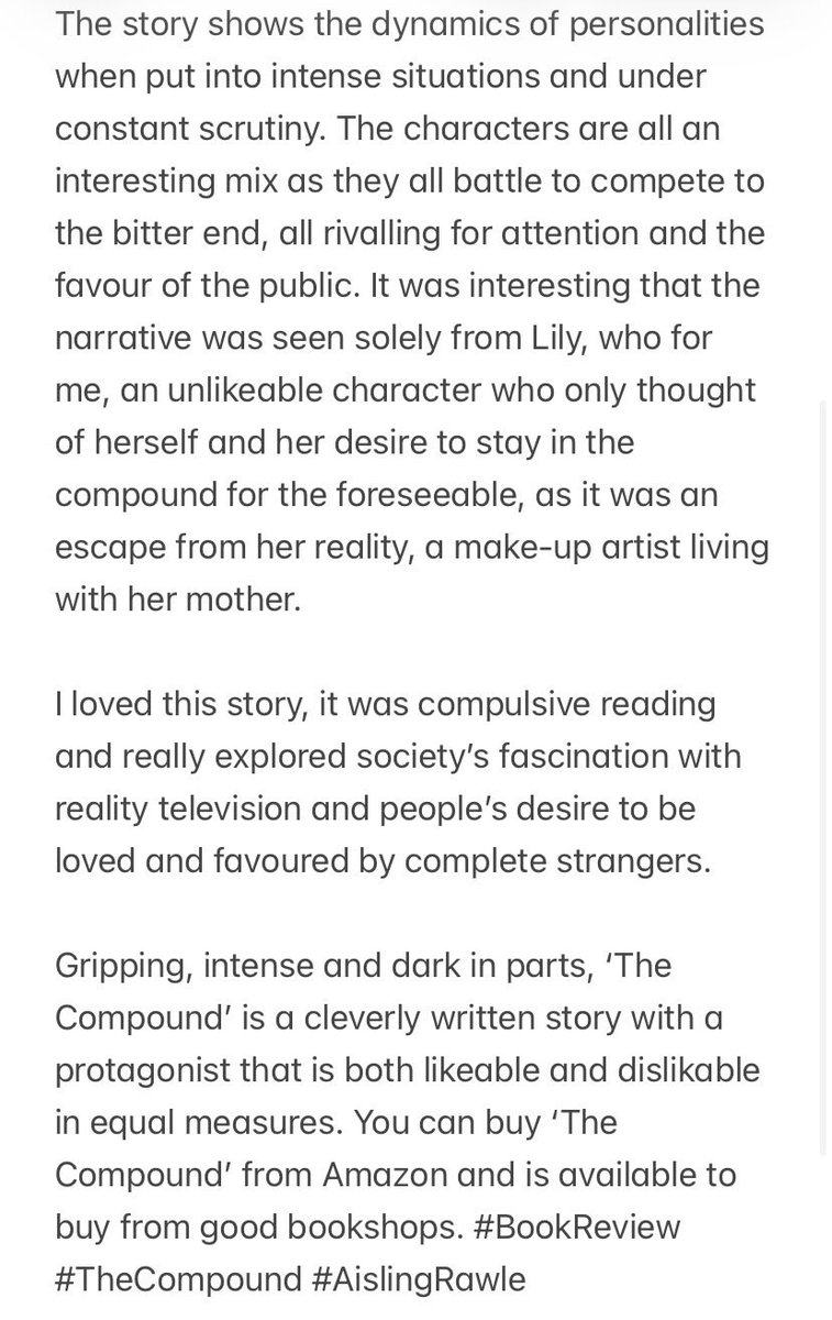 handwritten's tweet image. ‘The Compound’ is the debut novel by @BoroughPress author @AislingRawle and is a cleverly written story with a protagonist that is both likeable and dislikable in equal measures. An addictive debut that was impossible to put down. #BookReview #TheCompound #AislingRawle