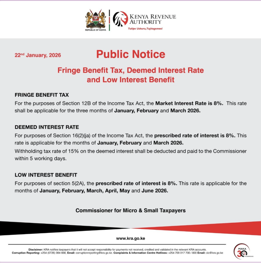 NewQuest_Co's tweet photo. Tax update for 2026 📢

KRA has set the market interest rate at 8% for:
• Fringe Benefit Tax
• Deemed Interest (15% WHT applies)
• Low Interest Benefits

If you offer staff loans below 8%, tax implications apply 
#Tax #FringeBenefitTax #PayrollKenya #KRA #SMEsKenya https://t.co/cfMRwjvZhr