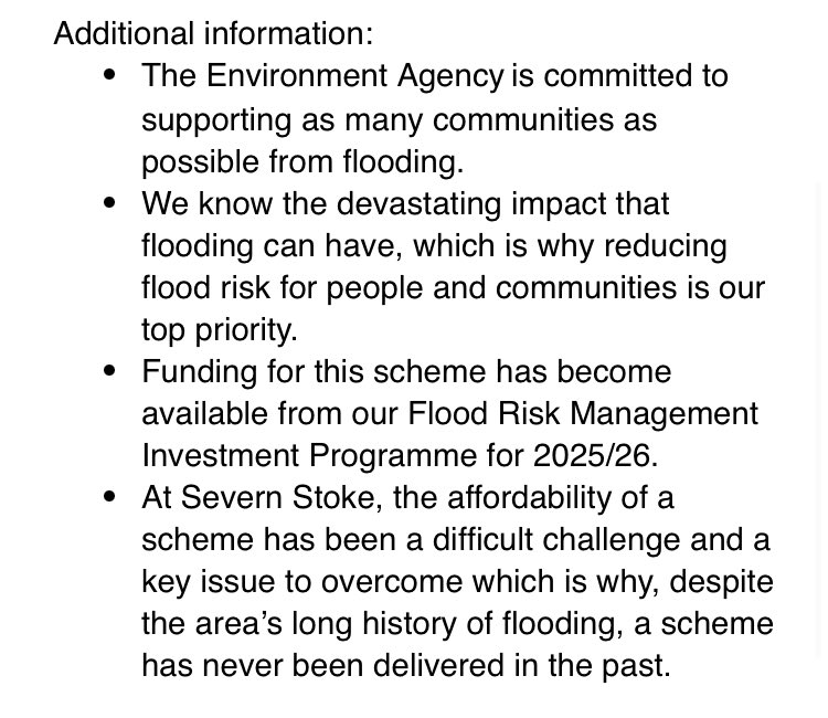 BREAKING: Funding has been confirmed for a funding protection scheme in Severn Stoke - meaning it WILL go ahead. What a relief to the village. Statement from <a href="/EnvAgency/">Environment Agency</a> below. 

We’ll be talking live to <a href="/hbaldwin/">Harriett Baldwin</a> at 12.35pm on <a href="/bbchw/">BBC Hereford & Worcester</a> 👇