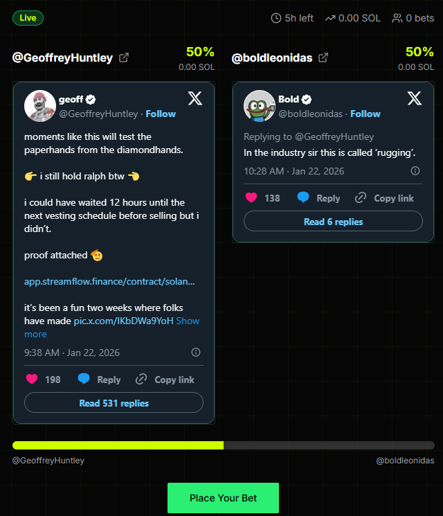RATIO_on_SOL's tweet photo. new market just opened!

on one side: @GeoffreyHuntley fresh off FSH’ing his $RALPH bag. “derisked,” as he puts it

on the other: CT’s favorite frog @boldleonidas back for a second fight in two days

$RATIO incoming ?

market’s live 👇
https://t.co/Lmd8CvQYVw https://t.co/Hn9t9UTsSm