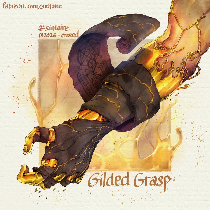 MukhlisNur's tweet image. New Item~ 
7 Deadly Sins Series - Greed - Item 
Gilded Grasp 

Made from the preserved skin of Count Auros's cursed hand, it still retains a fragment of its twisted gift of turning what it touches into gold. Wearing it gives the user the ability to temporarily encase their arm…