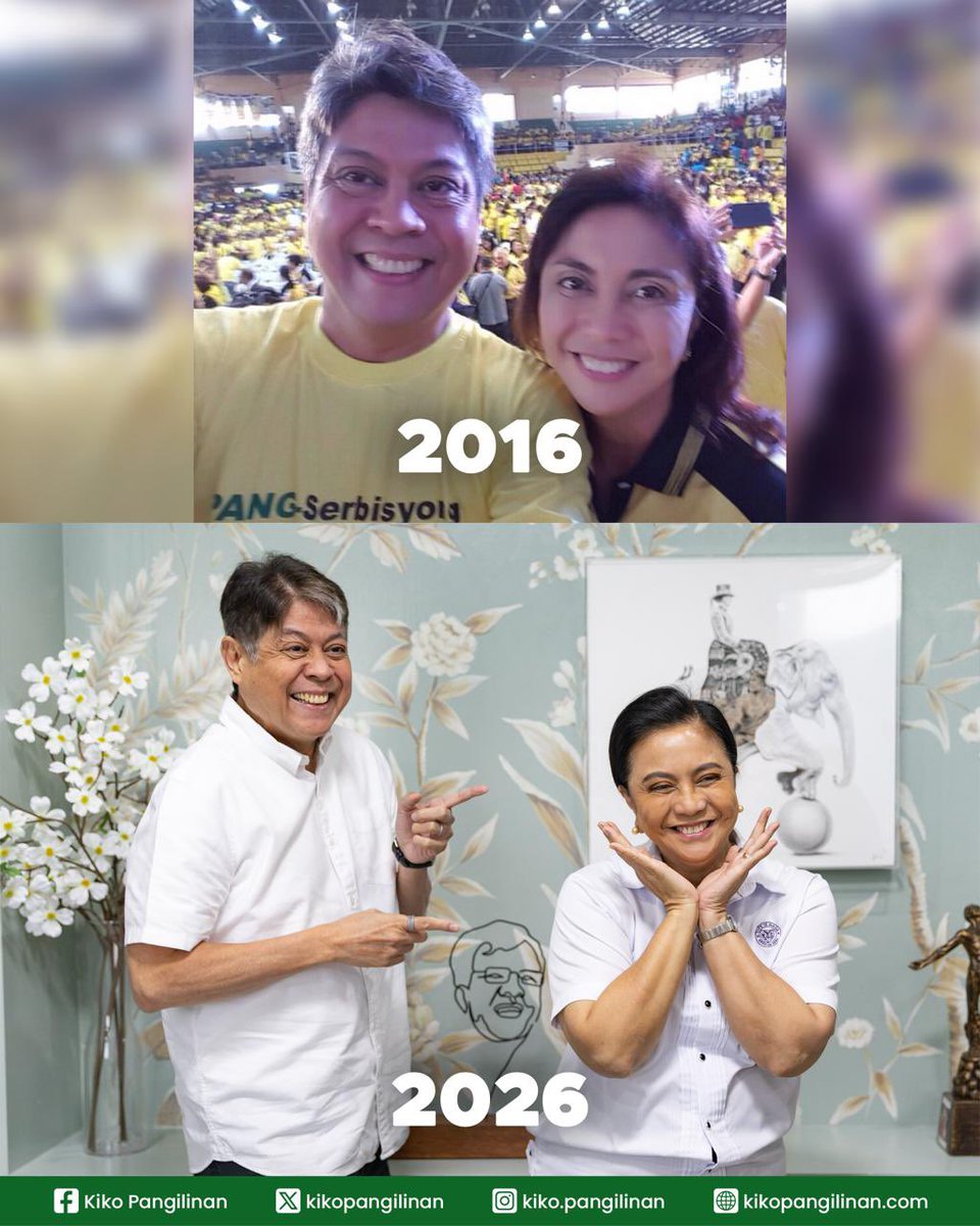 kikopangilinan's tweet image. 2016 VS. 2026

Mula noon, hanggang ngayon katuwang natin si dating Vice President at ngayong Mayor Leni Robredo sa pagsulong ng gobyernong tapat.