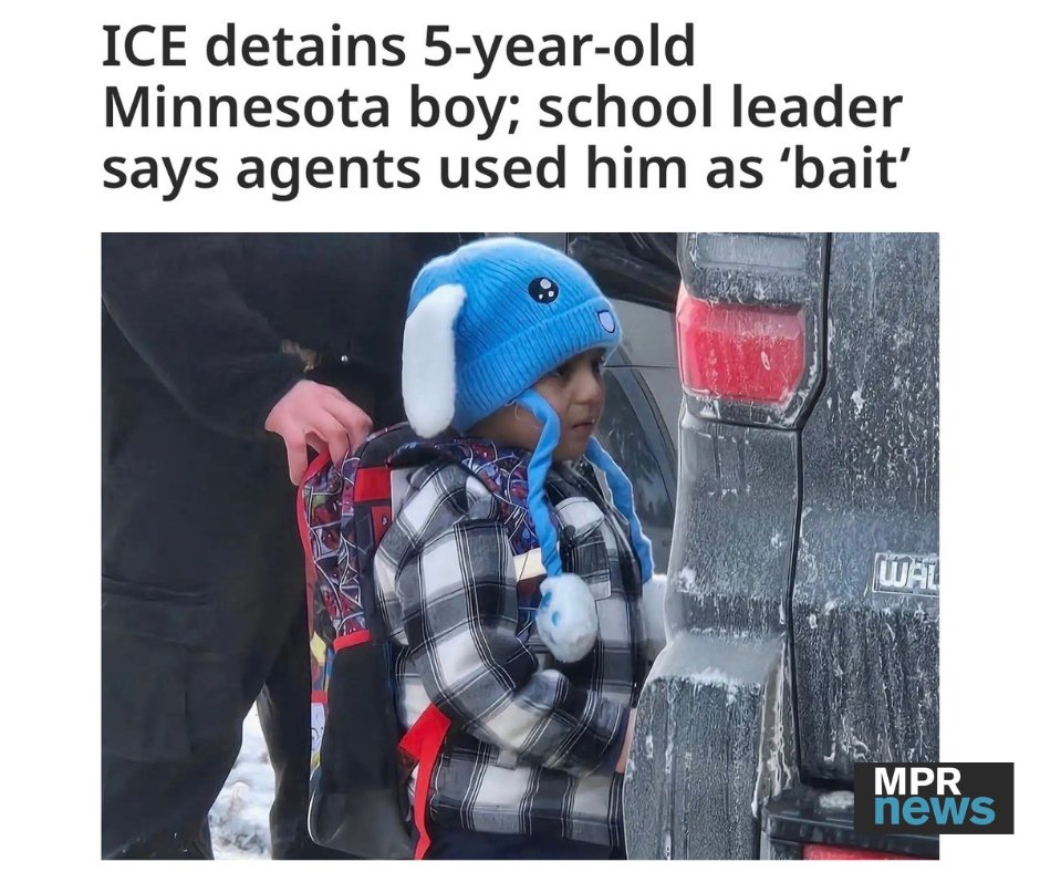 HillaryClinton's tweet image. Enforcing the law is one thing. 

Terrorizing a population, using children as pawns, is another. 

My heart aches for Liam Ramos and his family.

mprnews.org/story/2026/01/…