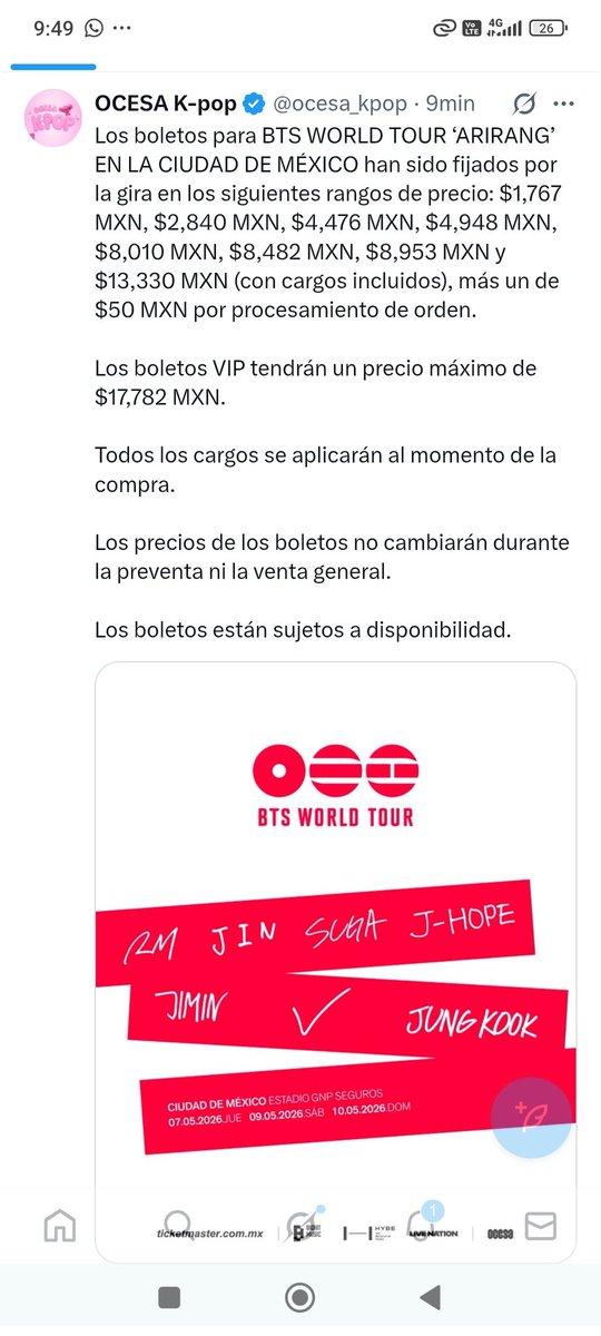 aylin_garca's tweet photo. @Profeco como puedes ver en las dos publicaciones echas por @ocesa_kpop hay modificaciones y nosotras como consumidores exigimos se respete el primero, ya que en el segundo comunicado deja una ventana a qué aplique su tarifa dinámica.
Quitaron los precios de boletos Platinium https://t.co/tesSxacfK8