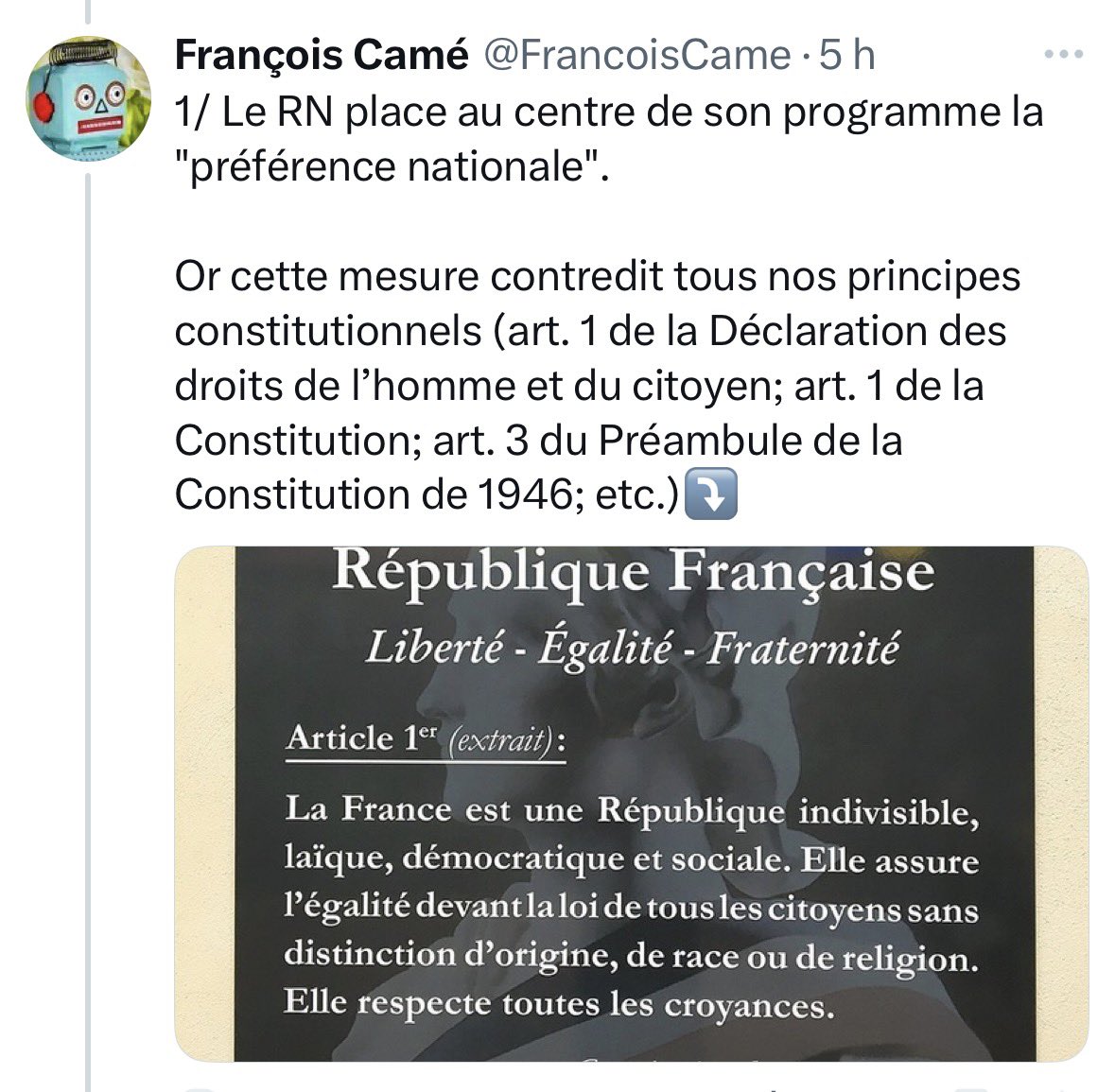 Bon déjà le mec comprend pas la définition de CITOYEN, un étranger n’est PAS un citoyen. Seul celui qui a la nationalité française est citoyen, la préférence nationale ne pose absolument aucun problème de fond. Elle est même logique pour un ETAT-NATION.