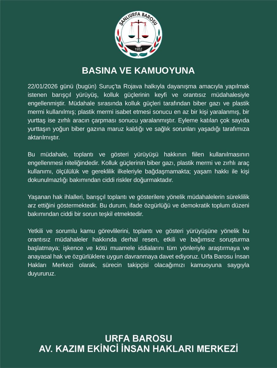 urfabarosuihm's tweet photo. 22/01/2026 tarihinde (Bugün) Suruçta yaşanan olaylara ilişkin açıklamamız. https://t.co/k1viLobd73