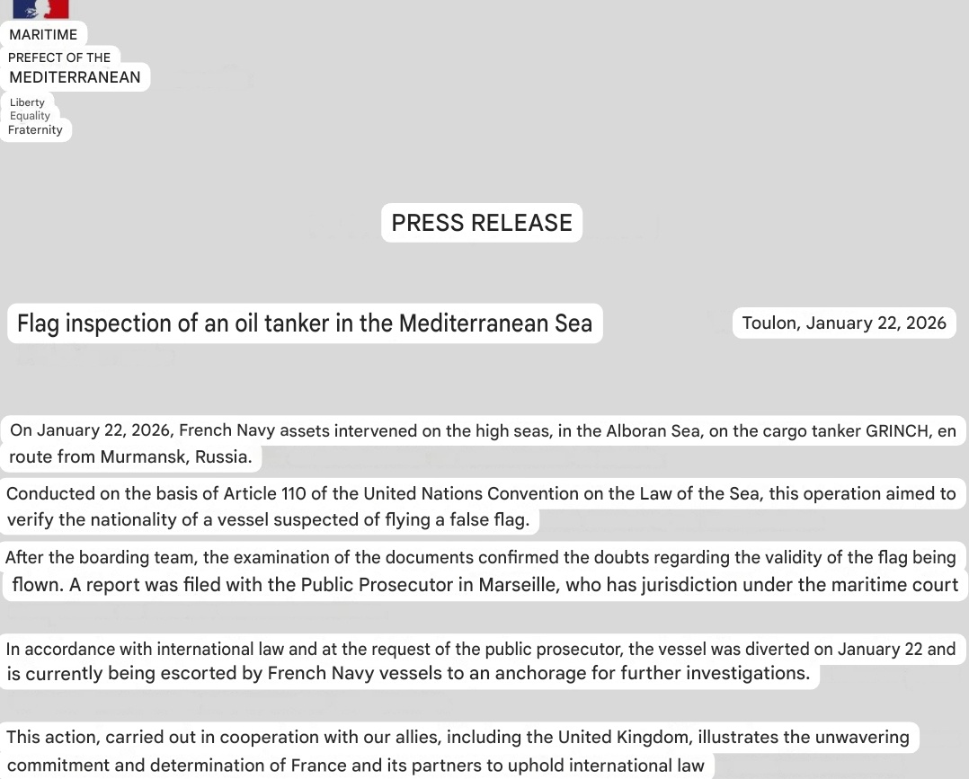 MenchOsint's tweet image. ⚡️French Forces seized a Russian Oil Tanker "Grinch" in the Mediterranean Sea.

The operation was carried with the UK according to the statement, but ads-b data confirms the US has been tracking this tanker for a week.