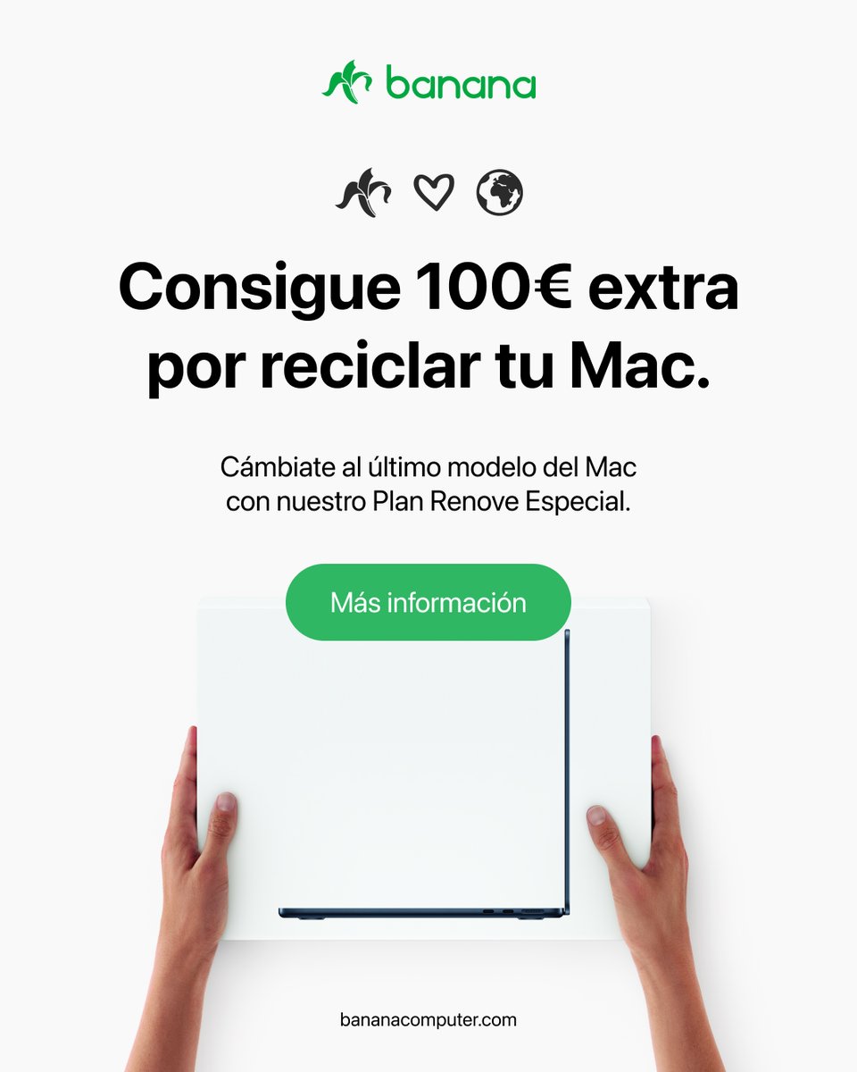 BananaComputer's tweet photo. 🎉 Celebramos el aniversario de Mac con nuestro Plan Renove 💻
Hasta el 3/2: cambia tu Mac y consigue 100€ extra reciclando el antiguo ♻️
Ventajas Banana:
 Especialistas Apple
📚 Descuentos para estudiantes
🚚 Envíos en Canarias
💙 1er mes de seguro gratis* https://t.co/ph7WdRNc6Q