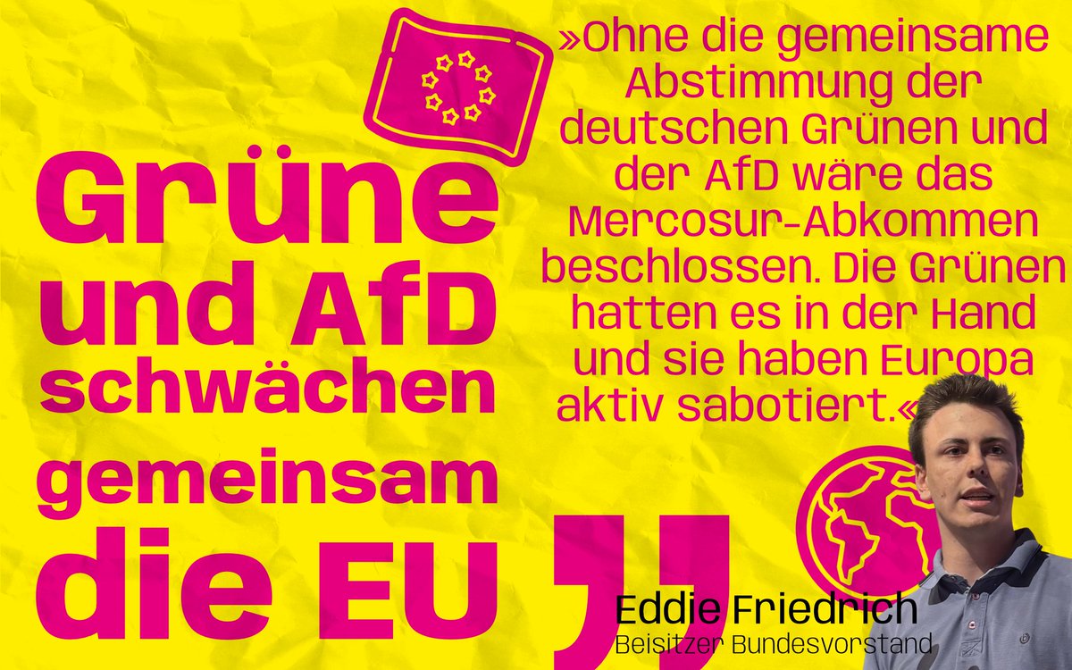 juliasachsen's tweet photo. 334 zu 324 Stimmen: Das EU-Parlament stoppt Mercosur. Brisant – deutsche Grüne stimmten mit der AfD und ermöglichten so das Ergebnis. Ohne sie wäre die EU im Zollstreit mit Trump gestärkt. Wer ein starkes Europa will, muss auch so abstimmen! #Brandmauer #EU #Sabotage https://t.co/o10eGizsGd