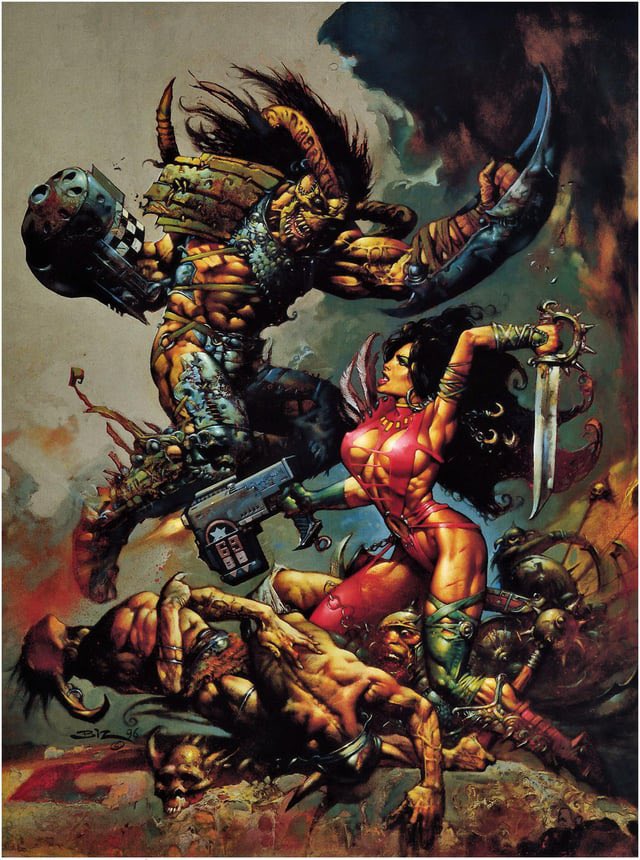 DungeonNoir's tweet image. Art by Simon Bisley