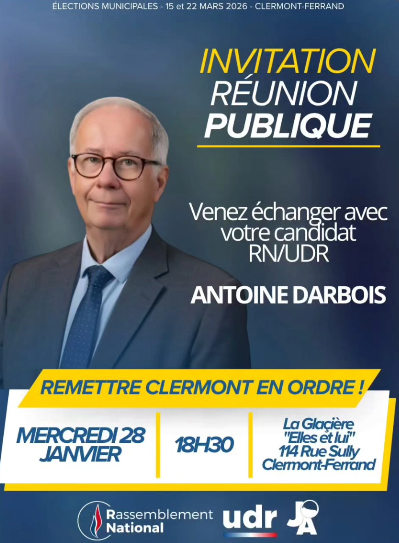 udr_63's tweet photo. Il faut remettre Clermont-Ferrand en ordre!
Rejoignez-nous mercredi 28 janvier à 18h30 pour échanger avec Antoine Darbois, candidat - tête de liste à Clermont-Ferrand !
#clermontfd #clermont #clermontferrand  @villedeclermontfd @Departement63 https://t.co/xuZi1HX0Vj
