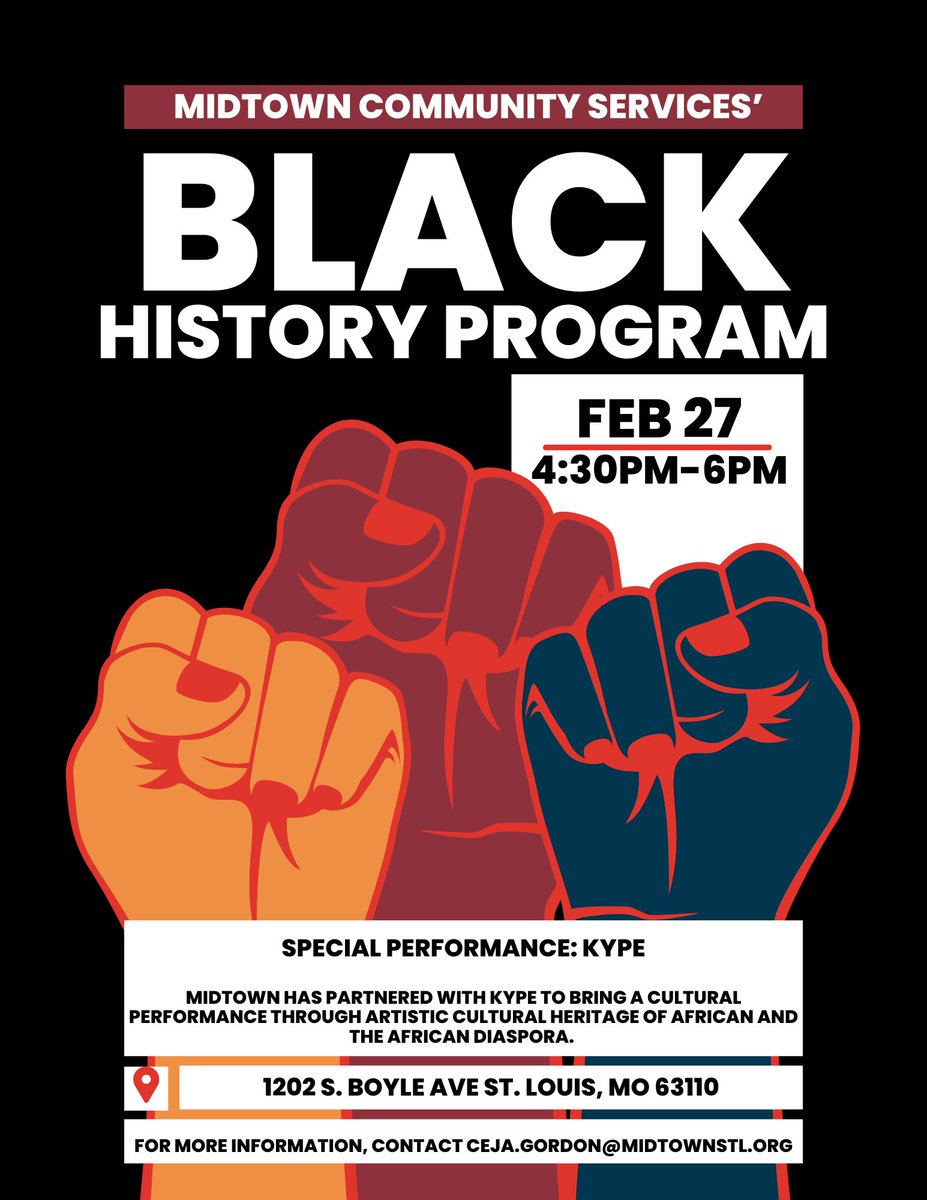 MidtownCS's tweet photo. Be sure to save the date for this year's Black History Month Program at Midtown on Friday, Feb. 27!
This special event will include food, fellowship, and a return performance by the incredible Kuumba Youth Performance Ensemble (KYPE) from Better Family Life! https://t.co/9Gx3I3LBRK