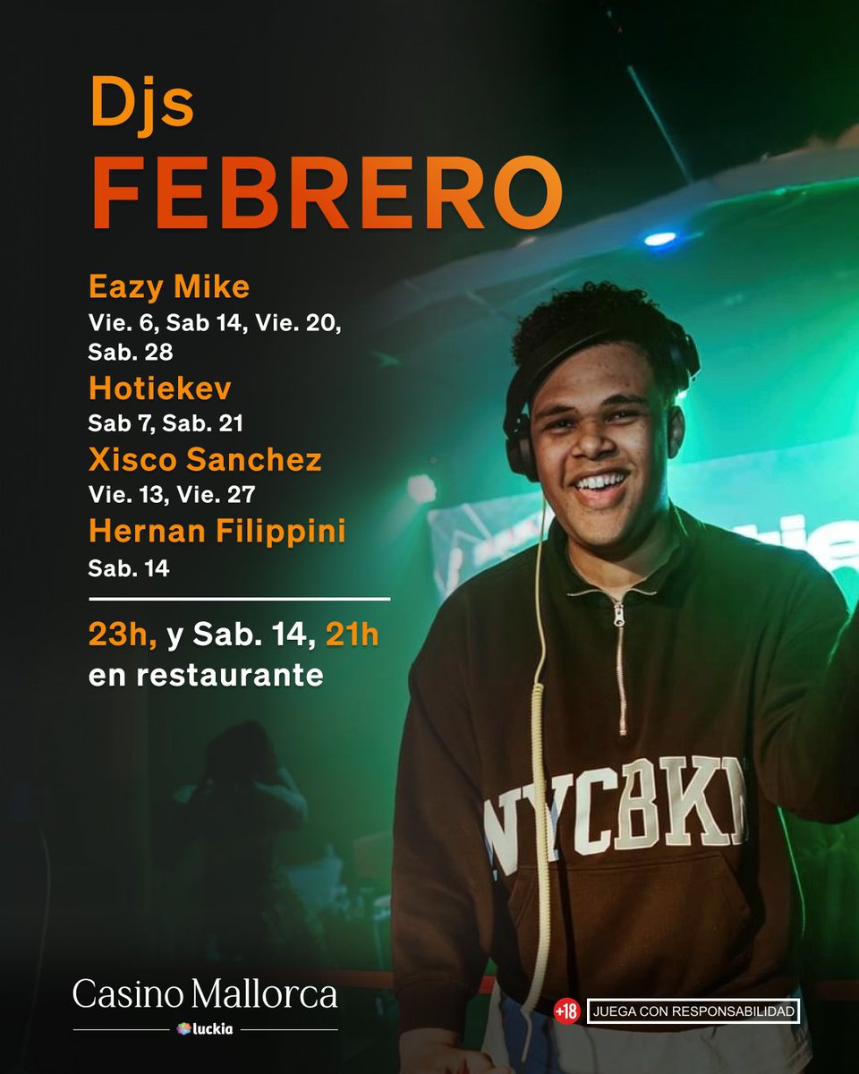 Tus noches de febrero tienen nombre propio. 🍸✨

📅 Lineup de Febrero:

Eazy Mike: Vie 6, Sáb 14, Vie 20, Sáb 28.
Hotiekev: Sáb 7, Sáb 21.
Xisco Sanchez: Vie 13, Vie 27.
Hernan Filippini: Sáb 14.

¡No te pierdas la cita especial del Sábado 14! Cena con música desde las 21:00h.