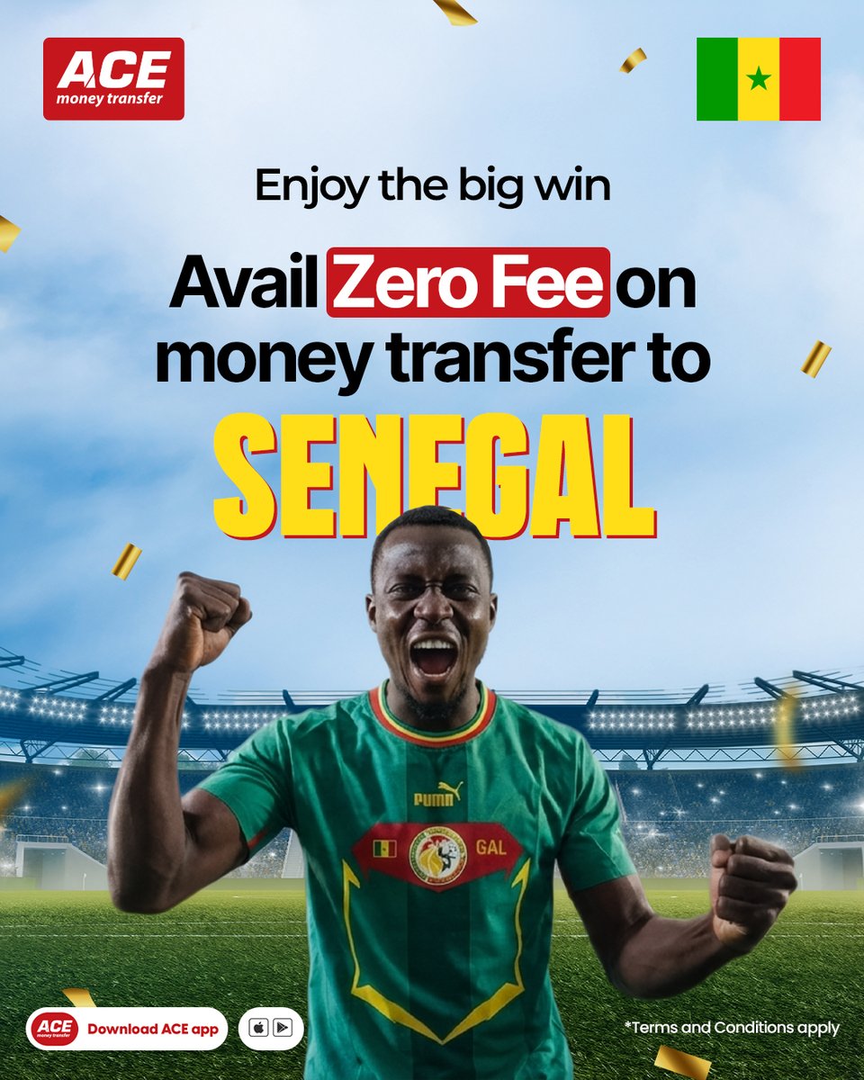 Enjoy the big win! 🎉
Avail Zero Fee on money transfers to Senegal with ACE Money Transfer. 🇸🇳

T&amp;Cs apply.

#ACEMoneyTransfer #ZeroFeeTransfer #SendMoneyToSenegal