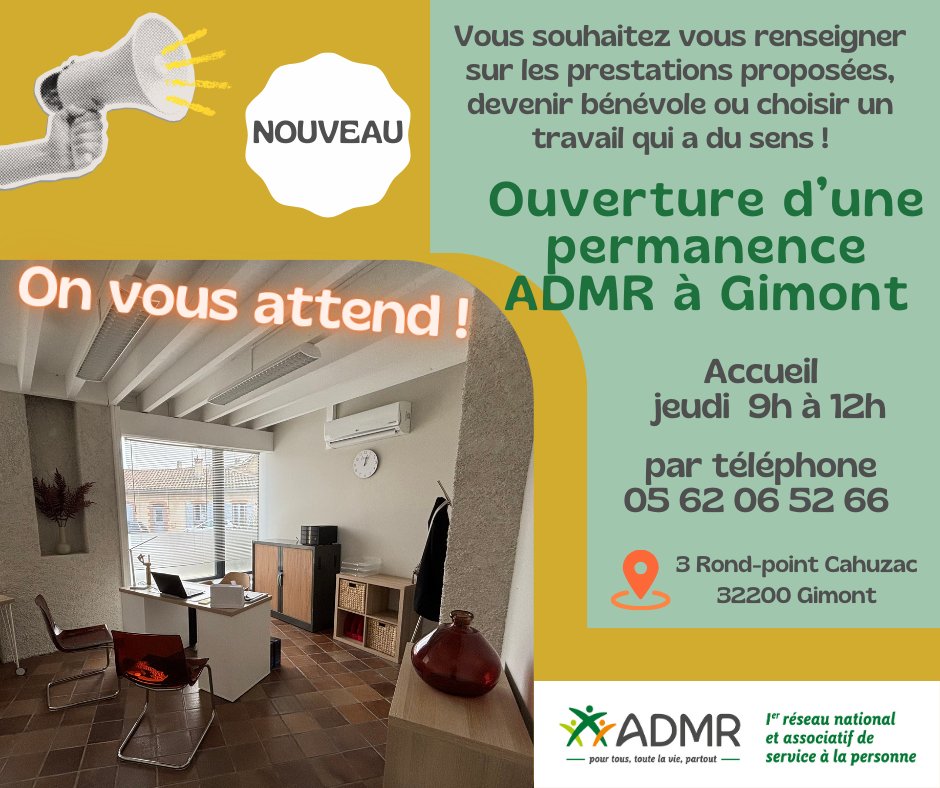 📢Ouverture d'une permanence ADMR à Gimont ! 

Besoin de renseignements sur nos prestations, vous souhaitez devenir bénévole ou choisir un métier qui a du sens !

👉Accueil jeudi de 09h à 12h
 3 Rond-point Cahuzac à Gimont. 
Et par téléphone au : 05 62 06 52 66
<a href="/ADMRun/">ADMR</a>