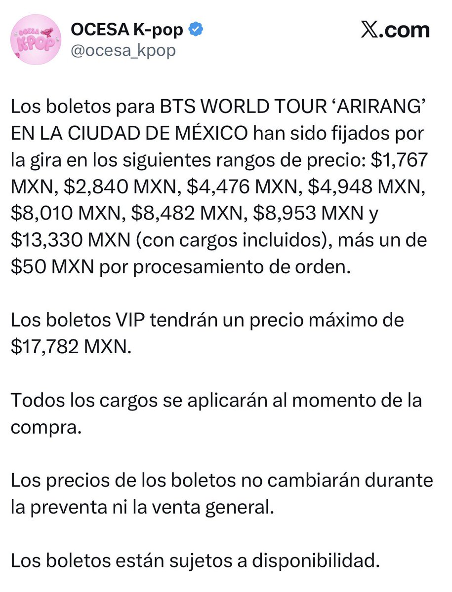 BangtacosMexico's tweet photo. ‼️IMPORTANTE ARMY‼️

Ocesa maneja la frase “RANGO DE PRECIOS” 

Quiere decir que puede haber diferentes precios en la venta DENTRO DE ESE RANGO, ejemplo:

- precios elevados en las primeras dos filas de cada sección 

⚠️NO SE DEJEN SORPENDER⚠️

#BTSComeback2026 #BTS_WORLDTOUR https://t.co/YIDkkSxteH
