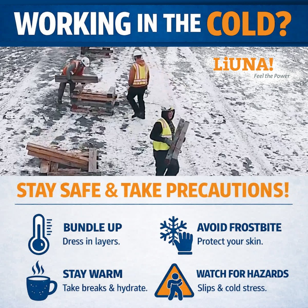LIUNAmidwest's tweet photo. Wind chill makes cold weather even more dangerous. Limit exposure, stay dry & report unsafe conditions immediately. Taking #cold weather precautions will help you stay safe on the job.
Check out these #ColdStress hazard safety tips from #LHSFNA: https://t.co/jtJCCjMM0g
#LIUNA https://t.co/mjGFSNkjkb