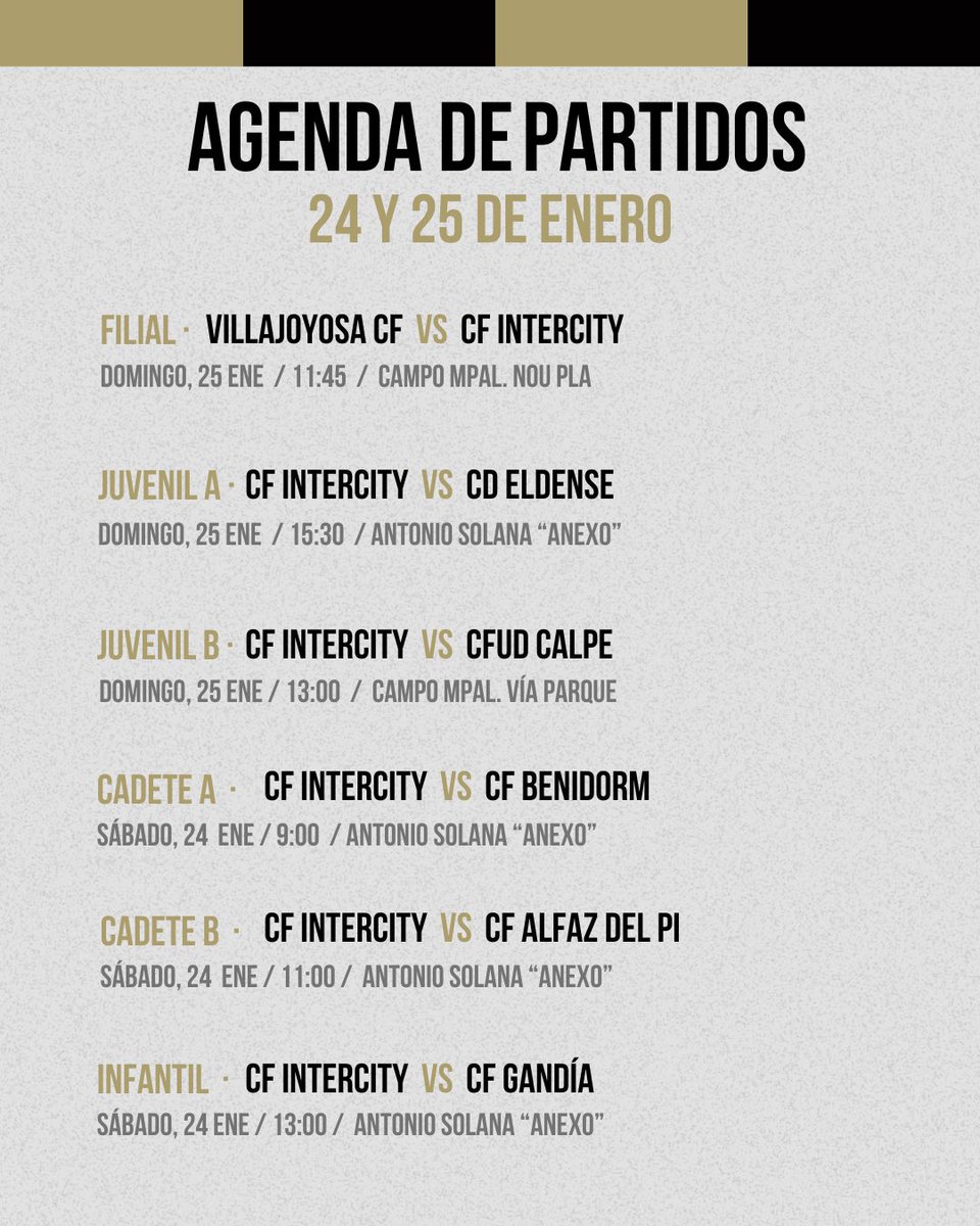 BaseCFIntercity's tweet image. 📒⚽ 𝗛𝗢𝗥𝗔𝗥𝗜𝗢𝗦 • Estos son los partidos de nuestros equipos este fin de semana 

💪🏻🍀 ¡𝗦𝘂𝗲𝗿𝘁𝗲!