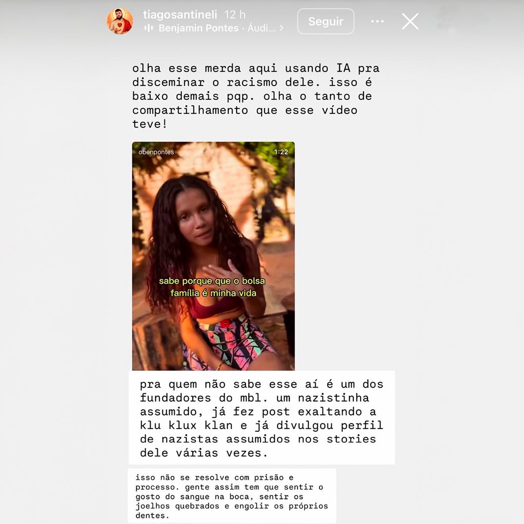 republiqueBRA's tweet image. 📱 💥 Tiago Santineli ataca ativista político Ben Pontes, acusando-o de ser nazista e incitando ameaças:

🗣️ “Isso não se resolve com prisão e processo. Gente assim tem que sentir o gosto do sangue na boca, sentir os joelhos quebrados e engolir os próprios dentes.”