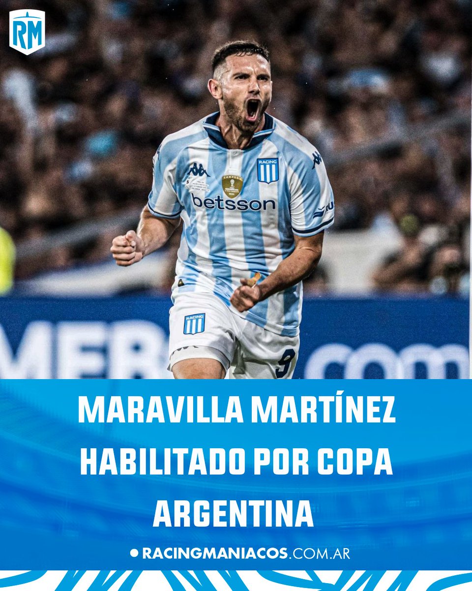 ¡ÚLTIMO MOMENTO! ⚠️

✅️ Maravilla Martínez podrá jugar la #CopaArgentina 🏆

👉 LA #AFA anunció amnistía para todos los jugadores suspendidos. 

ℹ️ El delantero de #Racing estará disponible ante #SanMartínDeFormosa, el sábado 28 de marzo.