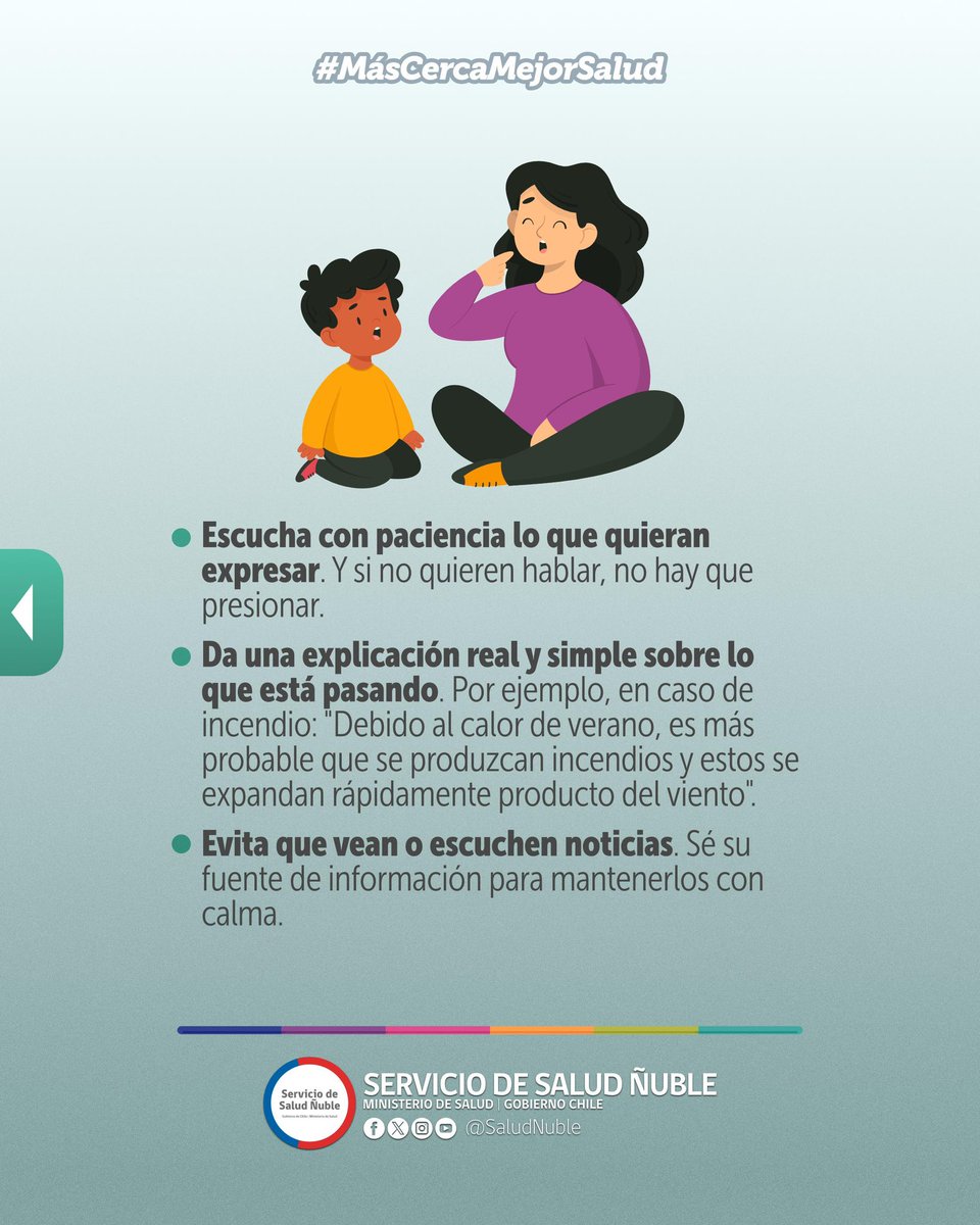 ☝🏻En situaciones de emergencia, como la que actualmente se vive con los incendios forestales en la región, es importante que logremos contener emocionalmente a los niños y niñas que también se han visto afectados. 

#MásCercaMejorSalud
#ÑubleMejorSalud