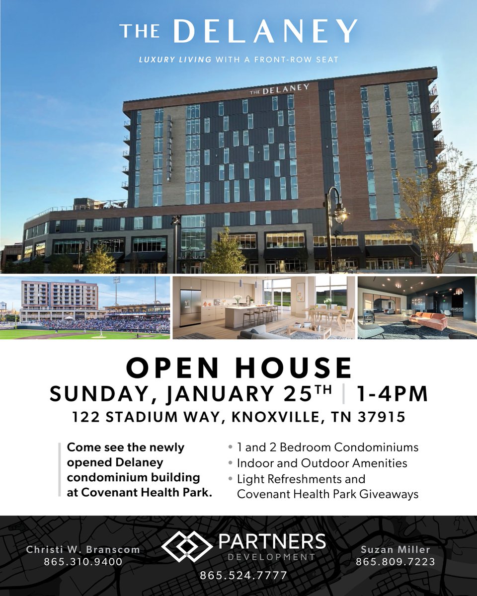 partnersdevelop's tweet photo. Join us for an Open House at The Delaney (122 Stadium Way) on Sunday, January 25th, from 1-4 p.m. Don't miss this exclusive opportunity to own a front-row seat for all the action at Covenant Health Park’s multi-use stadium with one of the 47 private residences at The Delaney. https://t.co/TMGwN66Tno