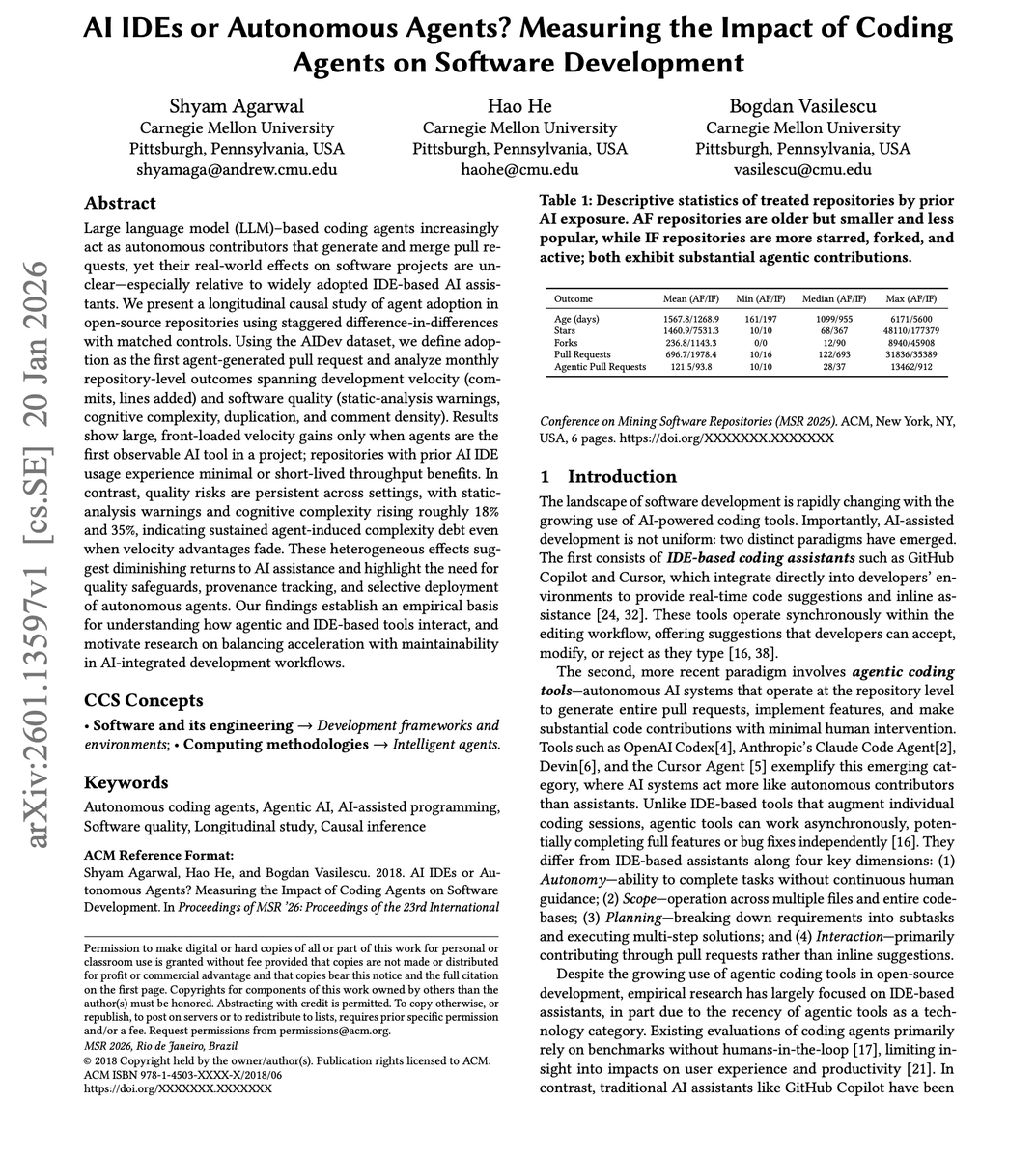 dair_ai's tweet photo. Many are trying to code with agents to boost velocity.

But at what cost?

The default assumption is that AI coding tools are additive: IDE assistants help, and autonomous agents help more. Stack them together, get more productivity.

But nobody had measured whether this is actually true in production repositories.

This new research presents the first large-scale causal study of autonomous coding agent adoption in open-source projects, analyzing repository-level outcomes across development velocity and software quality.

The methodology: staggered difference-in-differences with matched controls using the AIDev dataset.

Repositories are split into two groups: agent-first (AF), where agents are the first AI tool adopted, and IDE-first (IF), where repositories already used AI IDEs like Copilot or Cursor before adopting agents.

AF repositories see massive front-loaded gains: +36% commits and +77% lines added on average. At adoption month, the spike hits +111% commits and +216% lines added. These gains persist.

But IF repositories see almost nothing: +4% commits and +1% lines added. The short-lived bump at adoption quickly fades, and by month 6, lines added turn negative (-45%).

The quality findings are worse. Regardless of prior AI exposure, agent adoption increases static-analysis warnings by ~18% and cognitive complexity by ~35%. These effects are persistent. AF repositories reach +49% complexity by month 5. IF repositories hit +44-51% and stay there.

Autonomous agents introduce complexity debt even when velocity advantages fade. Teams already using AI IDEs face coordination and integration bottlenecks that limit throughput, but still accumulate the maintainability risks.

Coding agents are powerful but risky accelerators. Substantial velocity gains materialize only when agents are a project"s first AI tool. Prior AI IDE exposure moderates the benefits but not the quality risks. Selective deployment and strong quality safeguards are essential.

Paper: https://t.co/6lVAuUPxvh

Learn to build with AI agents in our academy: https://t.co/zQXQt0PMbG