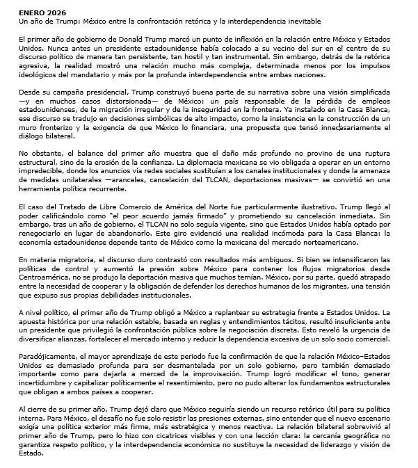#ElApunteDelDirector
Enero 2026
Al cierre de su primer año, #Trump dejó claro que #México seguiría siendo un recurso retórico útil para su política interna. La relación bilateral sobrevivió al primer año de Trump, pero lo hizo con cicatrices visibles y con una lección clara...