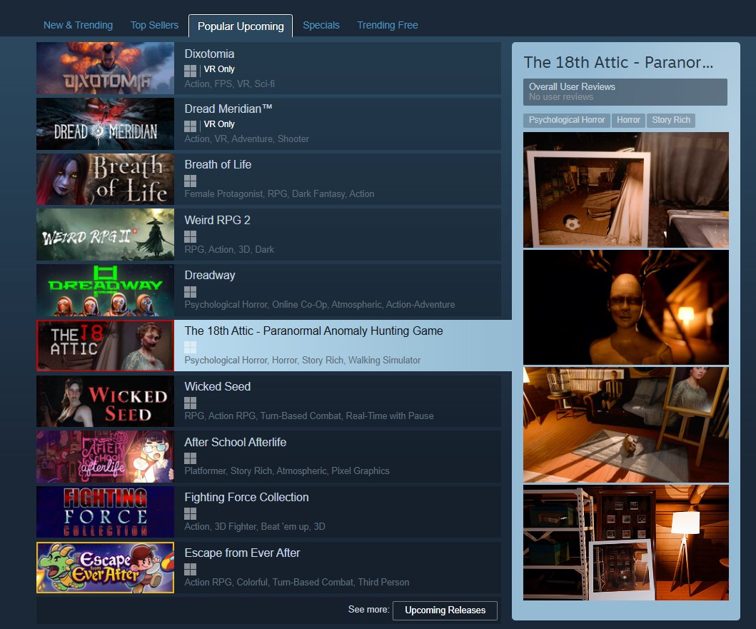 My horror game is on Popular Upcoming on Steam! 🥹

I’m incredibly grateful to everyone who wishlisted and supported the game over the years. 

It truly means everything to me - hope you all enjoy it tomorrow! 🙏