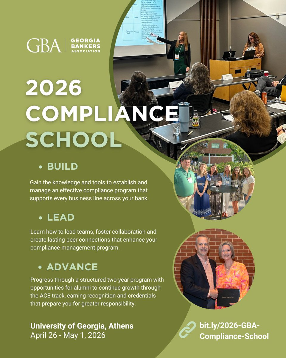 GBA Compliance School helps banking pros build and strengthen compliance programs through a two-year curriculum focused on practical application and leadership development. Year 1, Year 2 and an alumni-only ACE Track available in 2026. 

👉 ENROLL HERE: cvent.me/w7vkkw