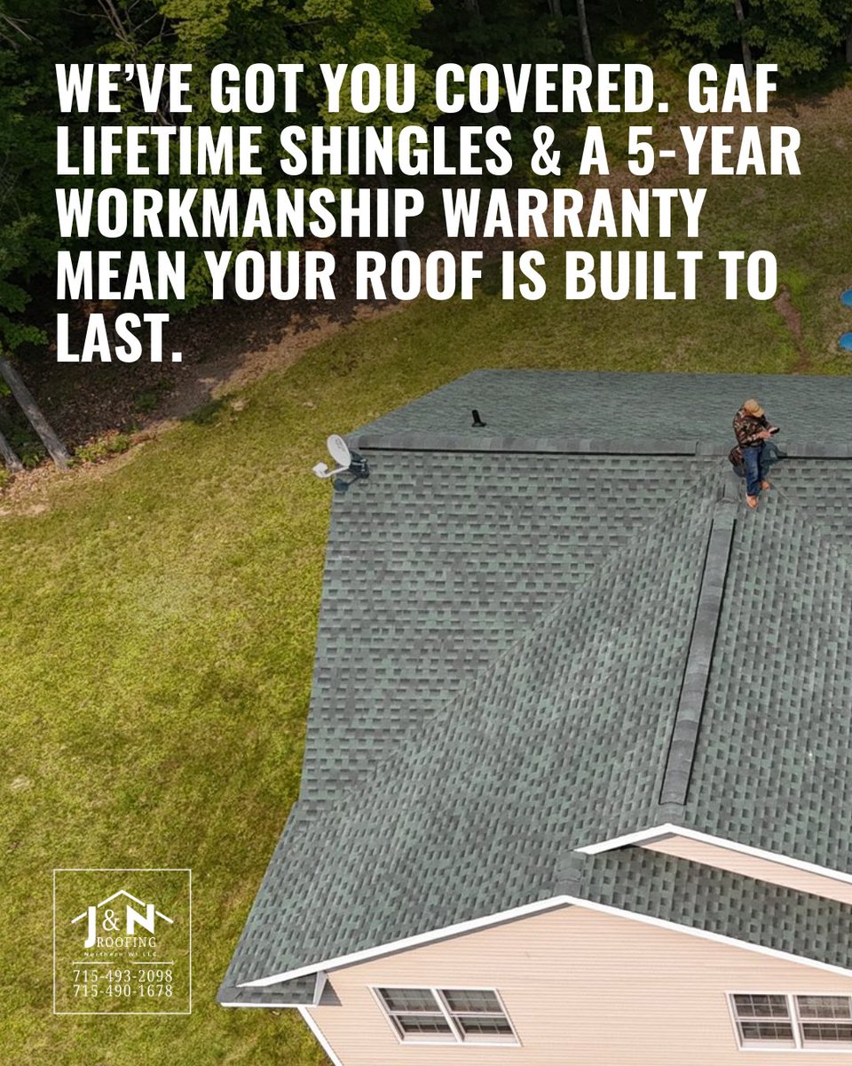 JNRoofingWI's tweet image. For GAF projects, we offer double warranty protection:

🛡️ GAF Lifetime on materials
🛡️ 5-Year Workmanship for ALL J&amp;amp;N projects

We've got you covered on both.

📞 (715) 490-1678

#JNRoofing #WarrantyProtection
