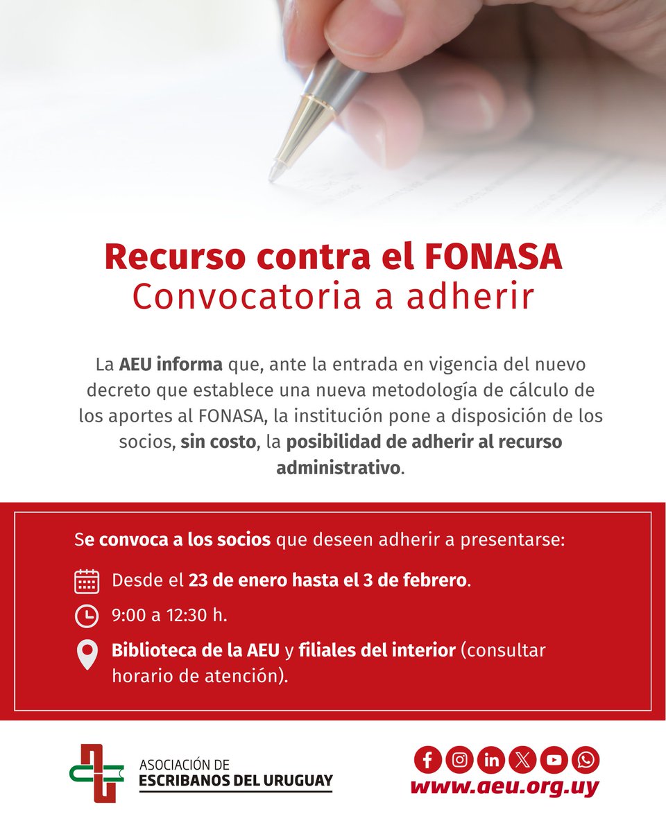 📢🖊️Recurso contra el FONASA: Convocatoria a adherir

🗓️ Del 23/01 al 03/02
⏰ 9:00 a 12:30
📍 Biblioteca de la AEU y filiales