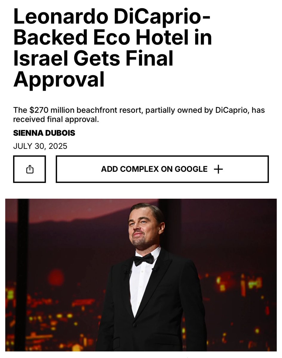 secretagentjas's tweet image. A reminder that Leonardo DiCaprio invested in an Israeli resort that will likely be built on the land that belongs to exterminated Palestinians. complex.com/pop-culture/a/…