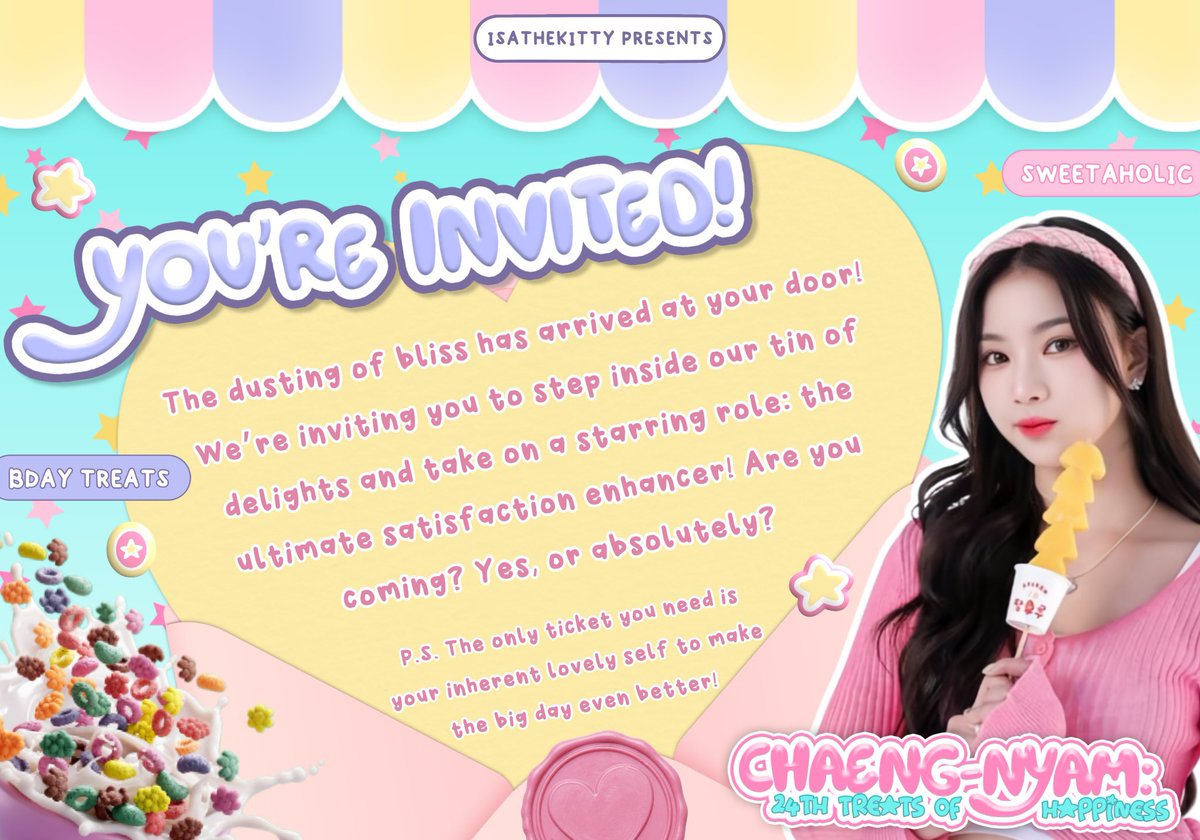 Something yummy is baking! 🍪 A festive party like sweet cookie bits is about to start: 𝗖𝗵𝗮𝗲𝗻𝗴-𝗻𝘆𝗮𝗺: 𝟮𝟰𝘁𝗵 𝗧𝗿𝗲𝗮𝘁𝘀 𝗼𝗳 𝗛𝗮𝗽𝗽𝗶𝗻𝗲𝘀𝘀! I, Theresia Nixie, inviting you to come and experience a candy-coated dreamland as soon as you walk in. 🧁⑅ ࣪ ⊹